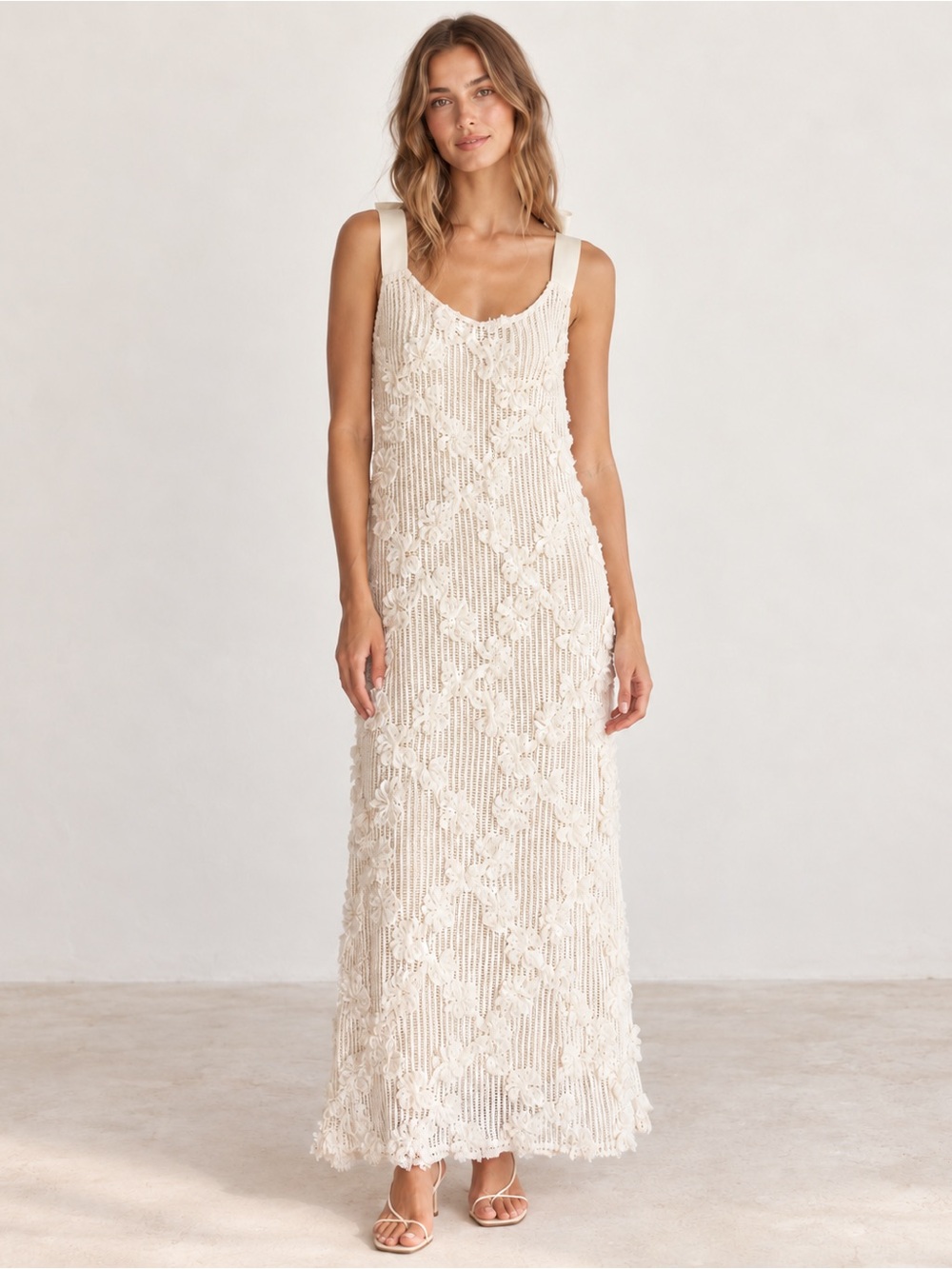 En Saison Anthropologie Reese Ivory Floral Crochet Maxi Dress Medium